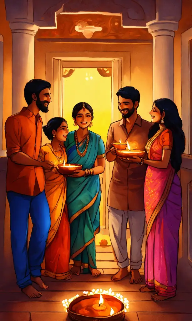 a hand drawn painting of a family celebrating Diwa (1).webp