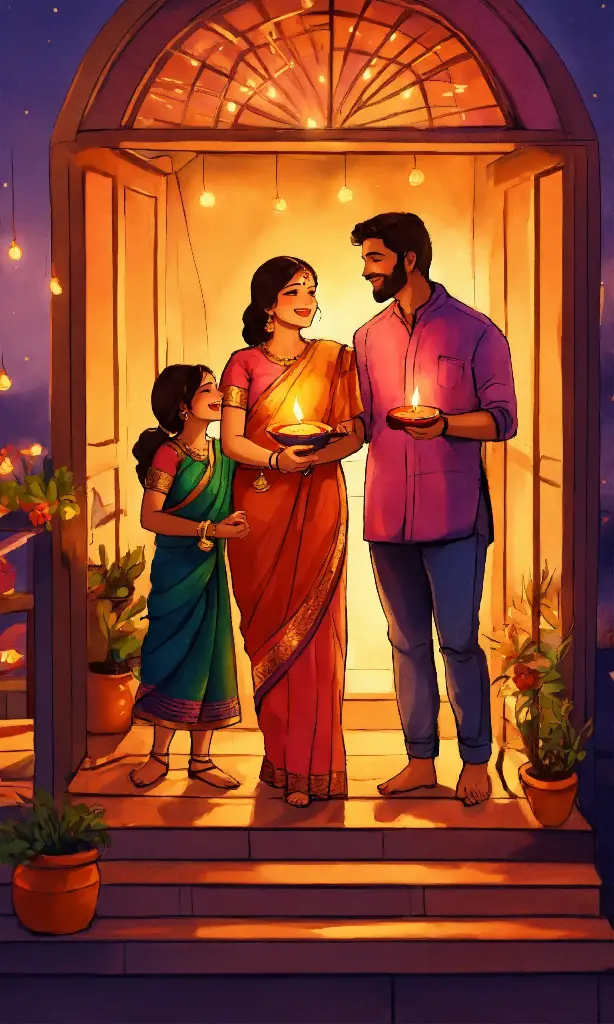 a hand drawn painting of a family celebrating Diwa (2).webp