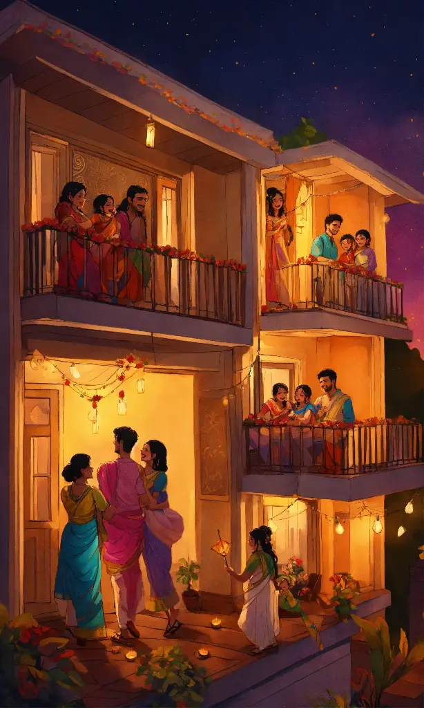 a hand drawn painting of a family celebrating Diwa.webp