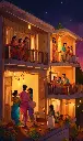 a hand drawn painting of a family celebrating Diwa.webp