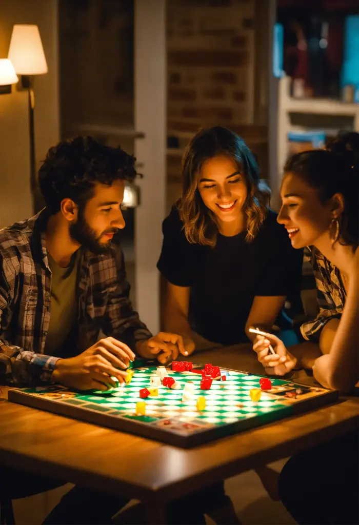 3 friends man and woman playing board game by nigh.webp